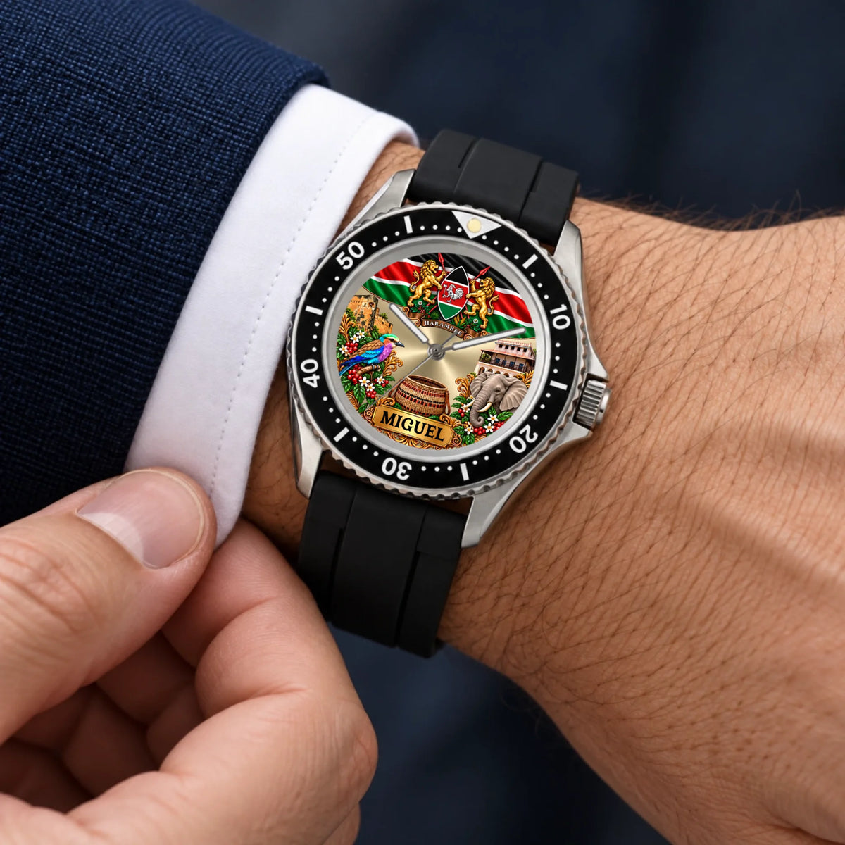 Personalized Kenya RIFT DIVER watch worn with a navy suit and white cuff