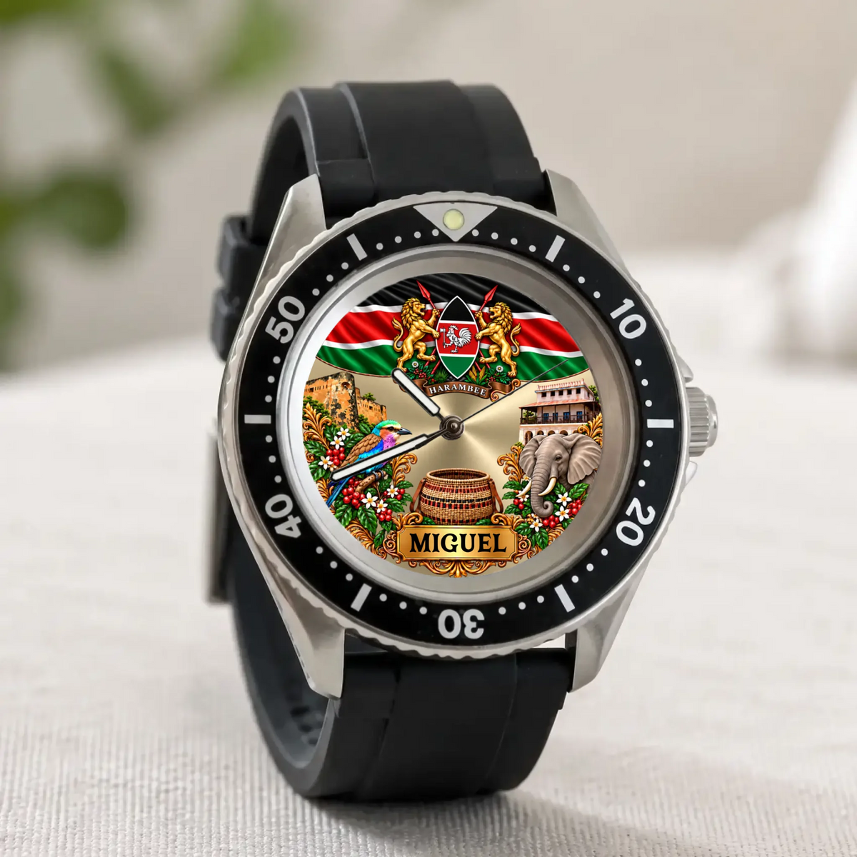 RIFT DIVER Kenya flag watch standing on its black strap, showing the custom name dial