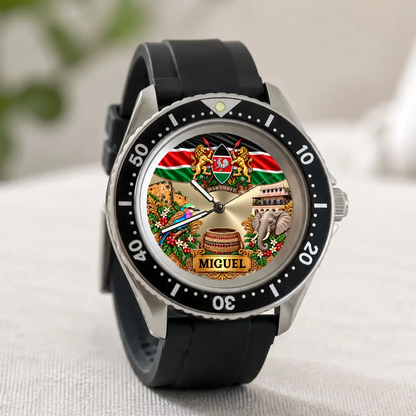 RIFT DIVER Kenya flag watch standing on its black strap, showing the custom name dial