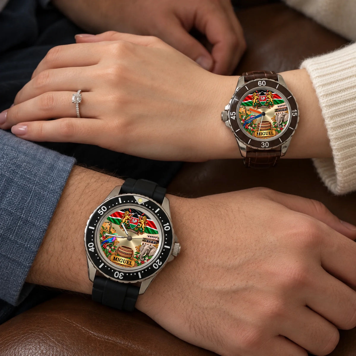 Two personalized Kenya watches shown on a couple's wrists with matching flag and coat of arms artwork