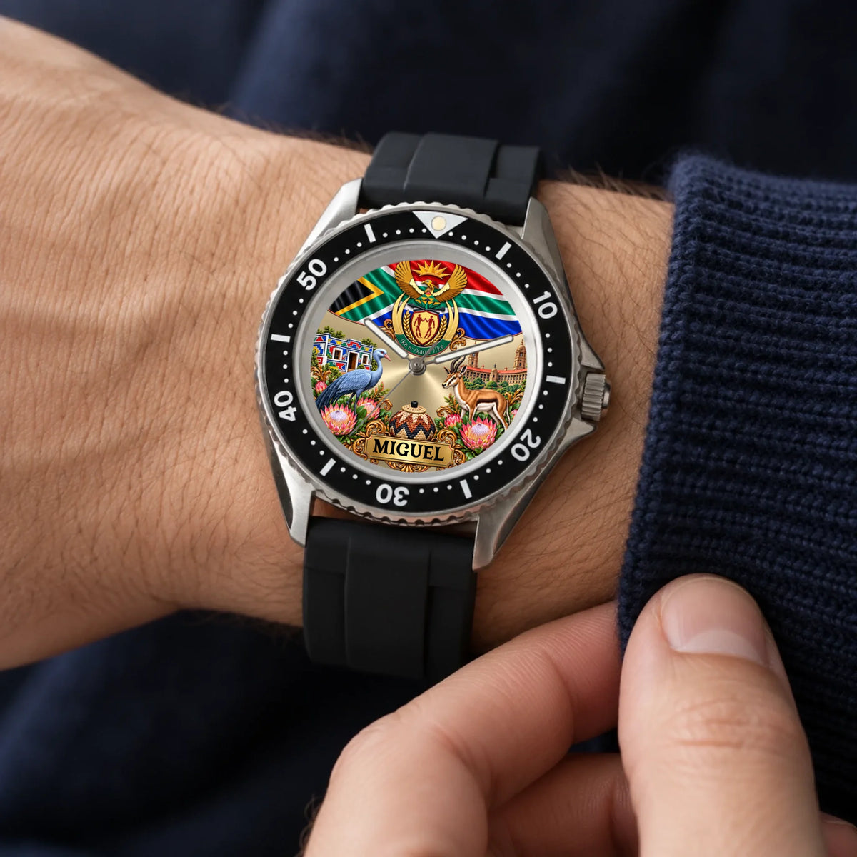 RIFT DIVER South Africa coat of arms watch with custom name worn beside a navy sleeve