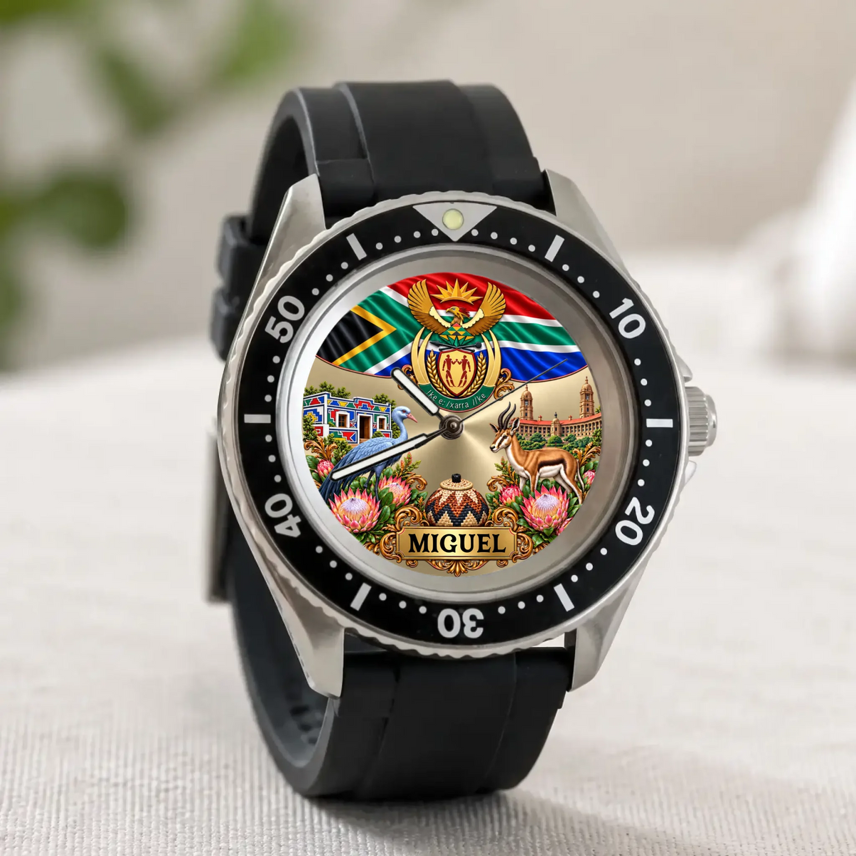 RIFT DIVER South African flag watch standing on its black strap, showing the personalized dial