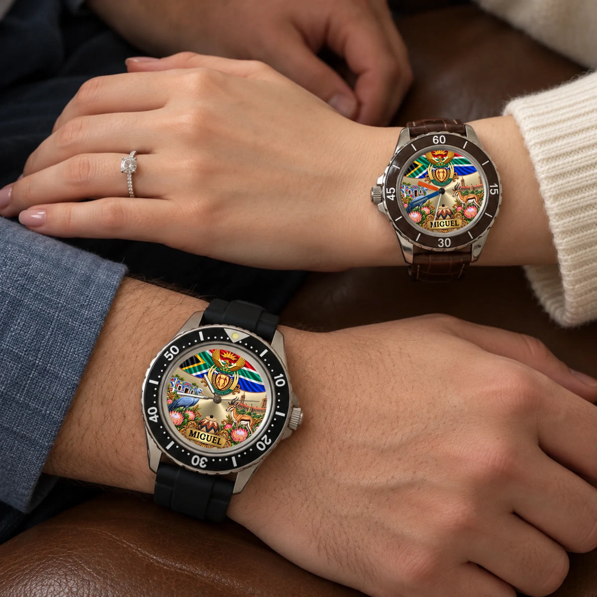 Two personalized South Africa watches shown on a couple's wrists with matching flag and coat of arms artwork