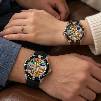 Two personalized South Africa watches shown on a couple's wrists with matching flag and coat of arms artwork
