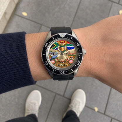 RIFT DIVER personalized South Africa watch with black strap shown on the wrist outdoors