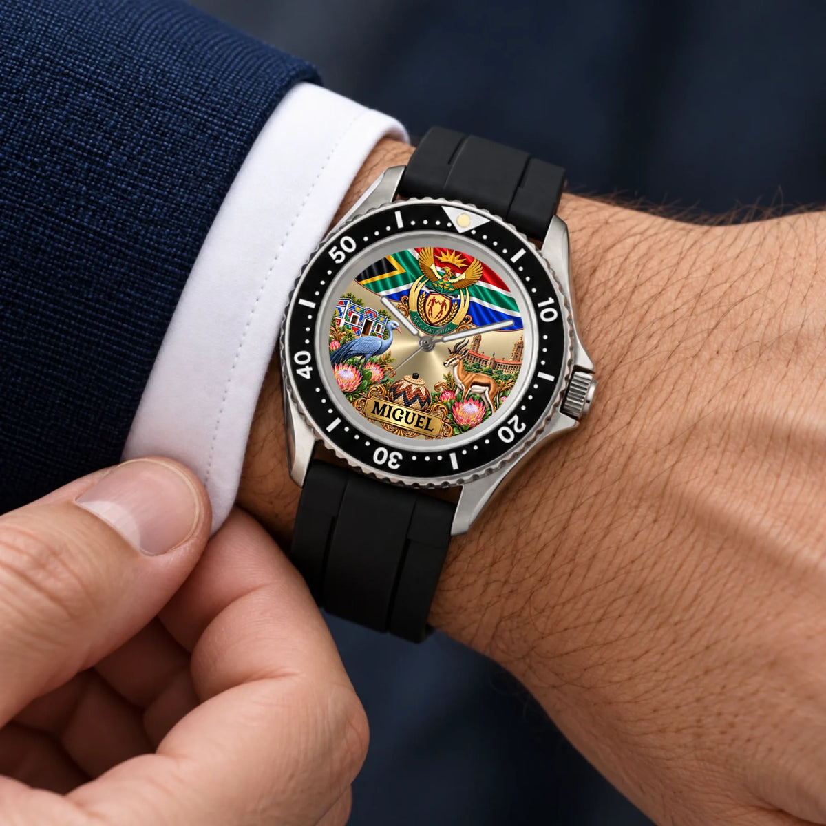 Personalized South Africa RIFT DIVER watch worn with a navy suit and white cuff