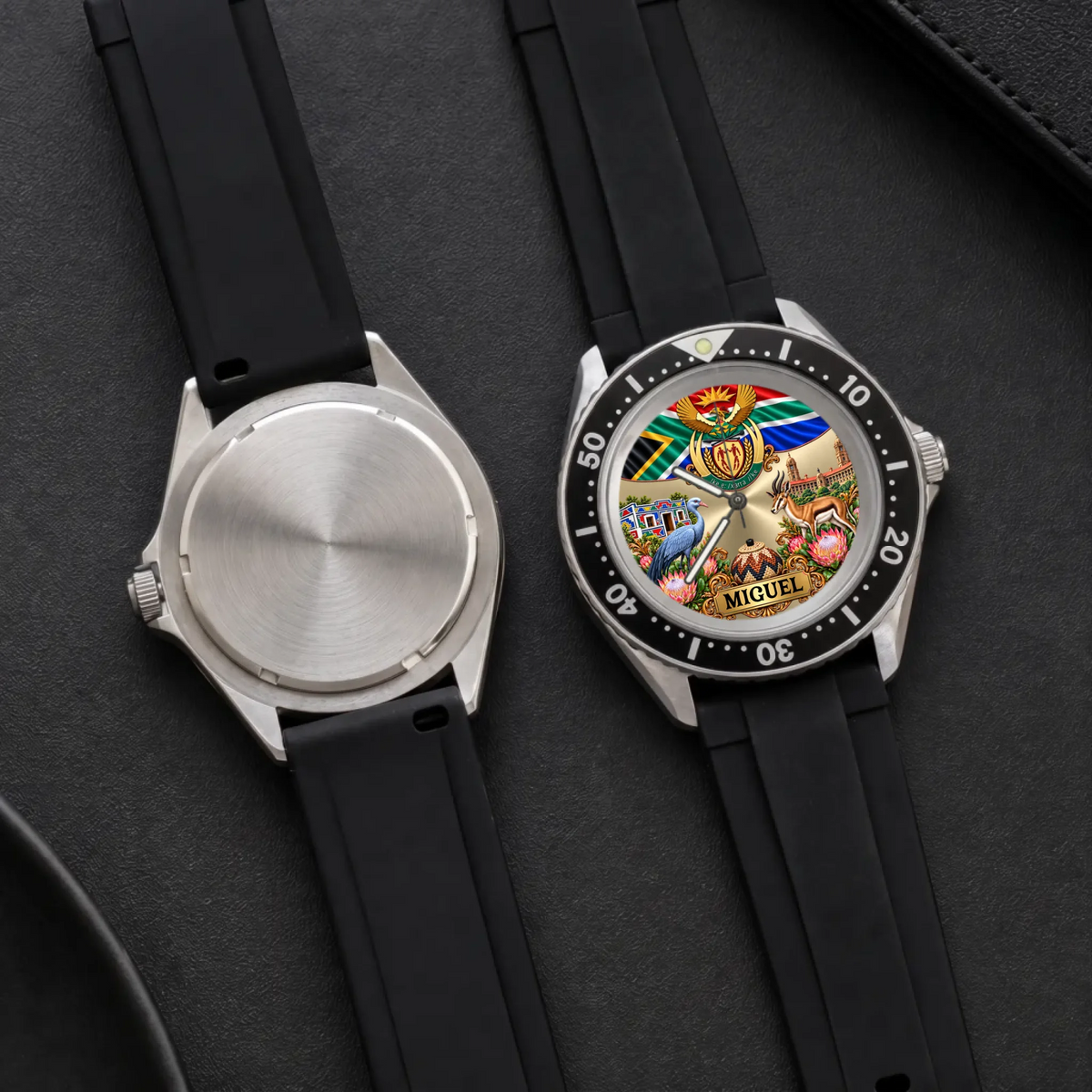 Front and back views of the RIFT DIVER personalized South Africa watch with black strap