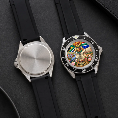 Front and back views of the RIFT DIVER personalized South Africa watch with black strap