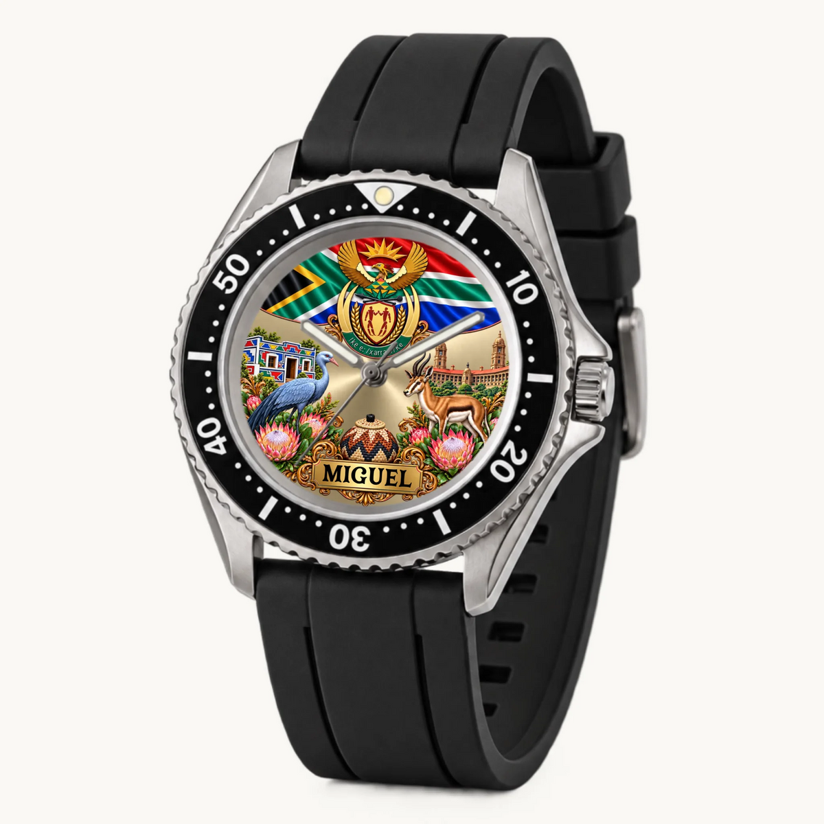 Angled view of the RIFT DIVER South African flag watch with black strap and silver-tone case
