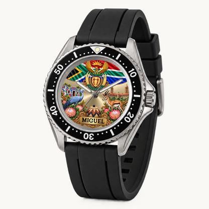 Angled view of the RIFT DIVER South African flag watch with black strap and silver-tone case