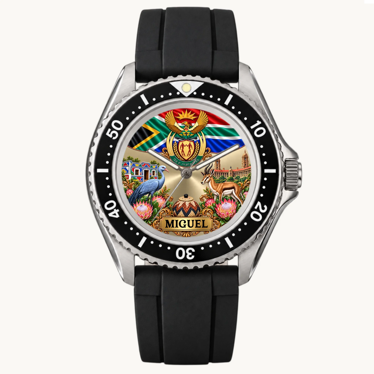 RIFT DIVER personalized South Africa watch with black strap, numbered bezel and custom name dial