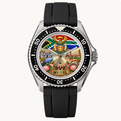 RIFT DIVER personalized South Africa watch with black strap, numbered bezel and custom name dial
