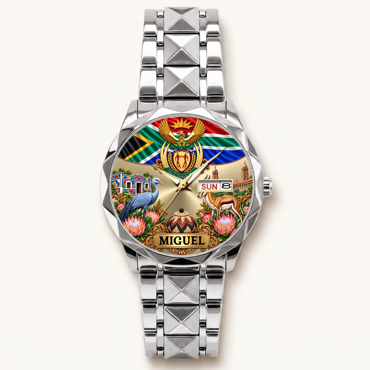 Silver-tone Prestige Calendar South Africa watch with custom name and day-date display