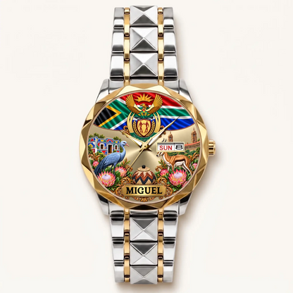 Two-tone South African flag watch with gold-tone bezel, custom name and calendar display