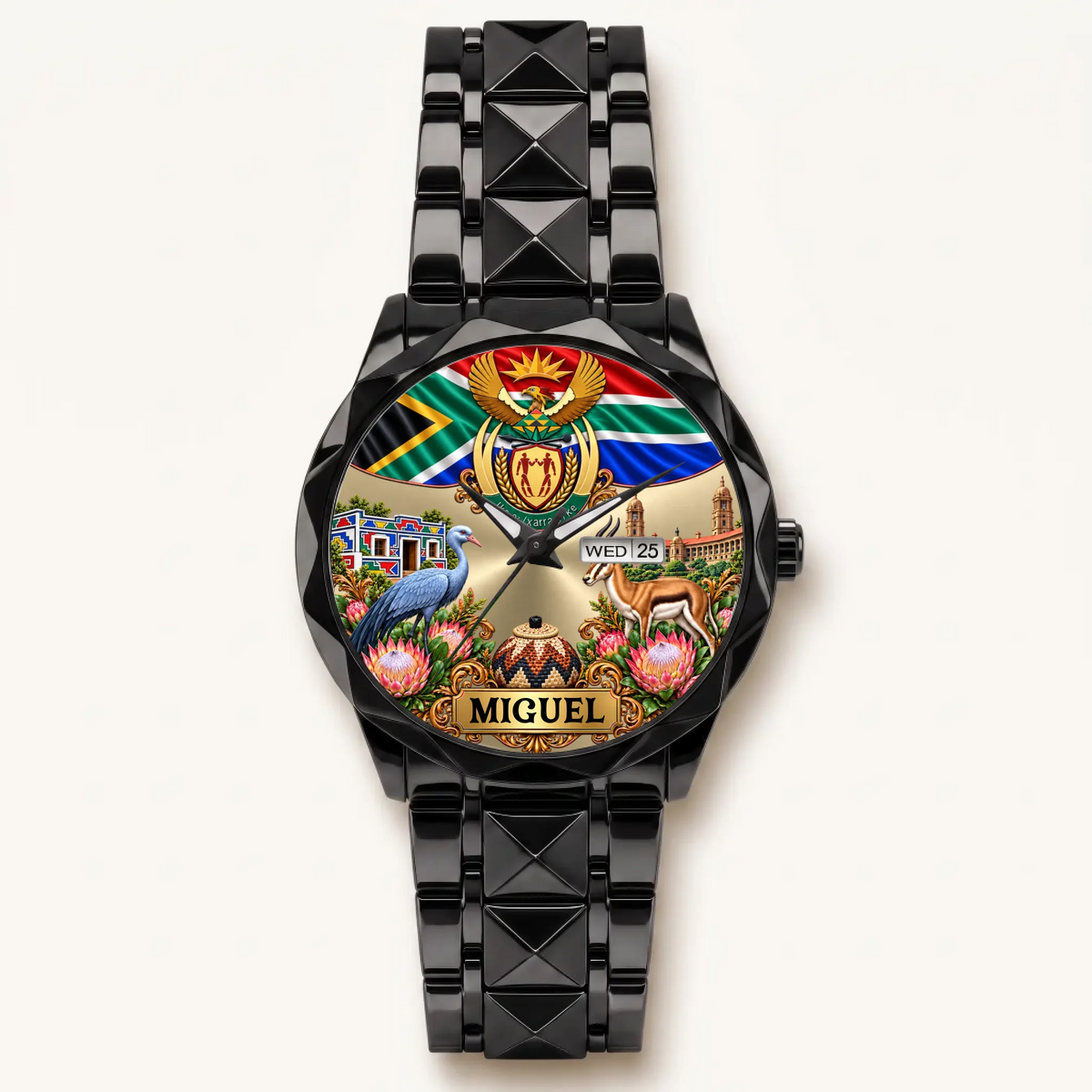 Black Prestige Calendar South African flag watch with custom name and geometric bracelet