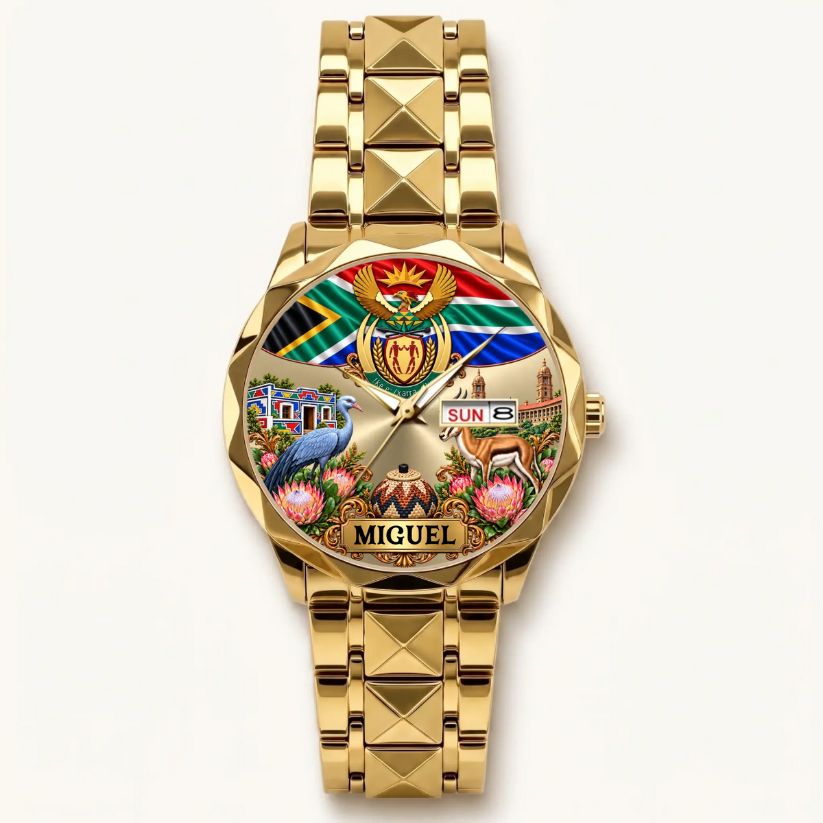 Gold-tone Prestige Calendar South Africa watch with custom name, flag and day-date window