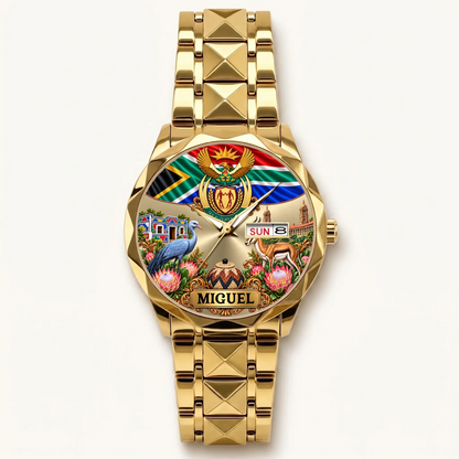 Gold-tone Prestige Calendar South Africa watch with custom name, flag and day-date window