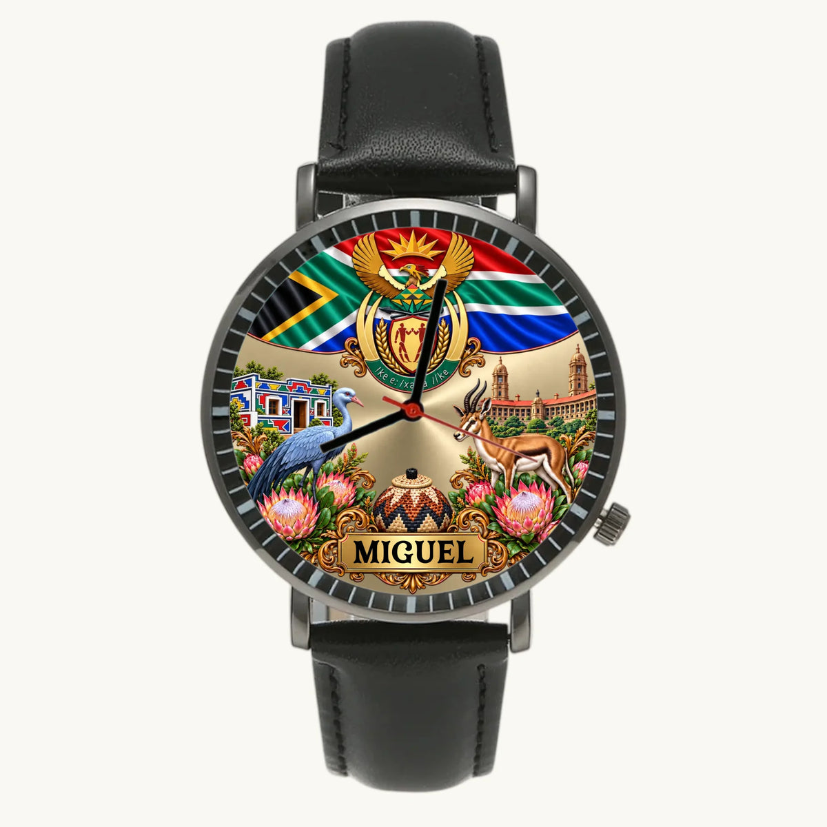 Men's personalized South Africa watch with black leather strap and flag and coat of arms dial