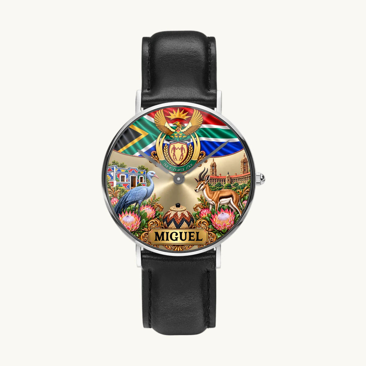 Women's personalized South African flag watch with silver-tone case and black leather strap