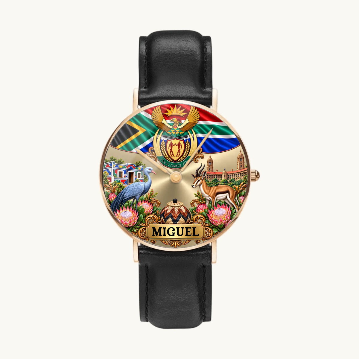 Women's South Africa heritage watch with custom name, gold-tone case and black leather strap