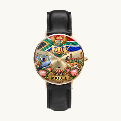 Women's South Africa heritage watch with custom name, gold-tone case and black leather strap