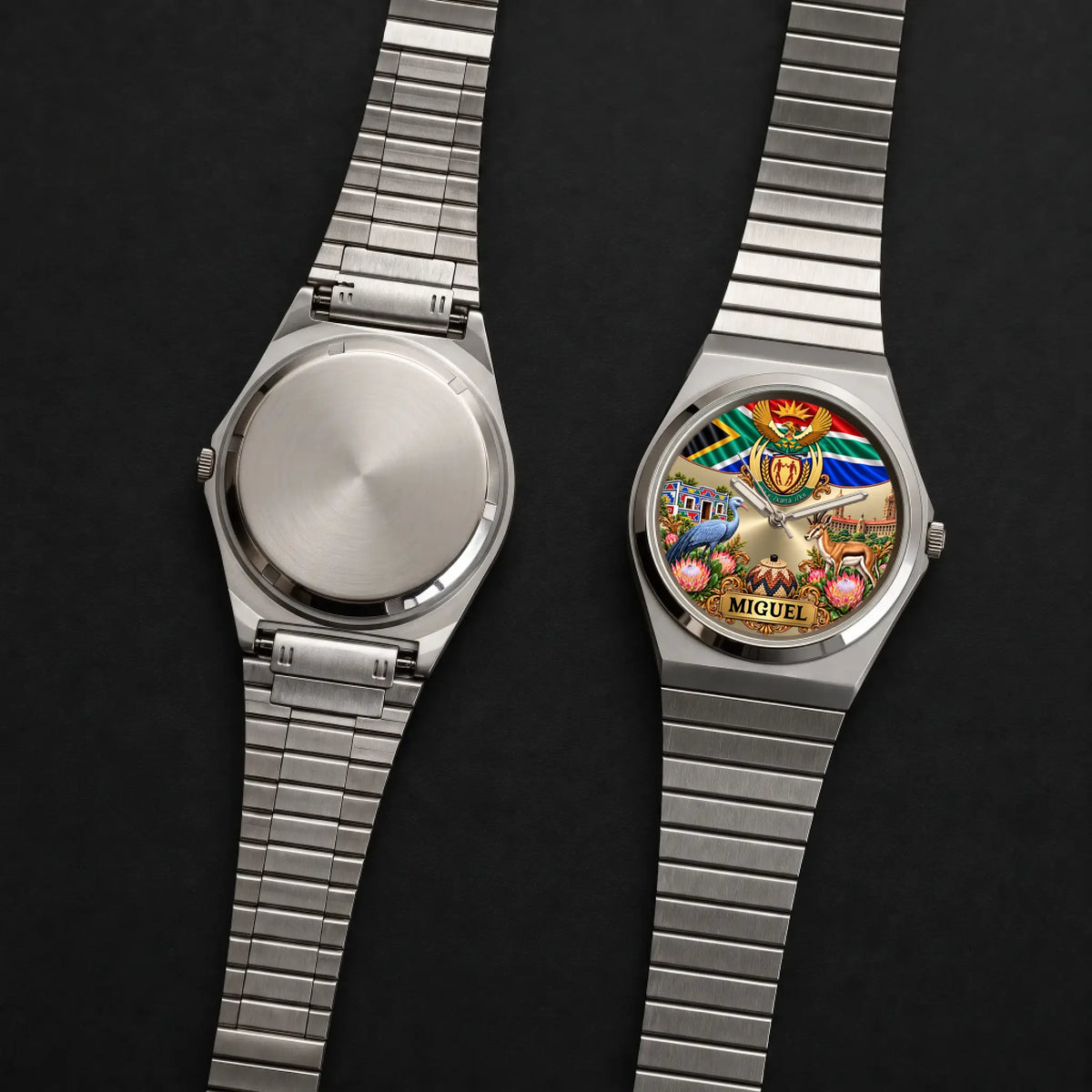 Front and back views of the silver-tone Signature Round personalized South Africa watch