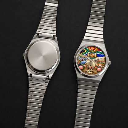 Front and back views of the silver-tone Signature Round personalized South Africa watch