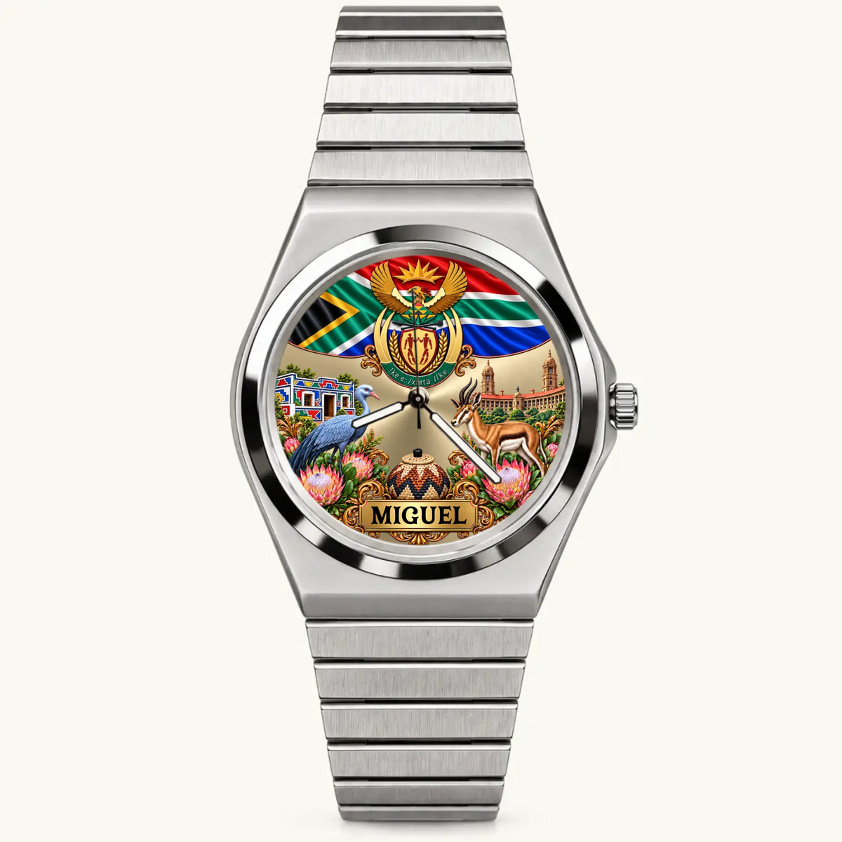 Signature Round personalized South Africa watch with silver-tone bracelet and custom name dial