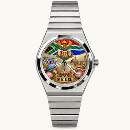 Signature Round personalized South Africa watch with silver-tone bracelet and custom name dial