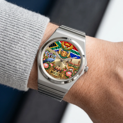 Silver-tone Signature Round South Africa watch worn beside a gray sweater sleeve