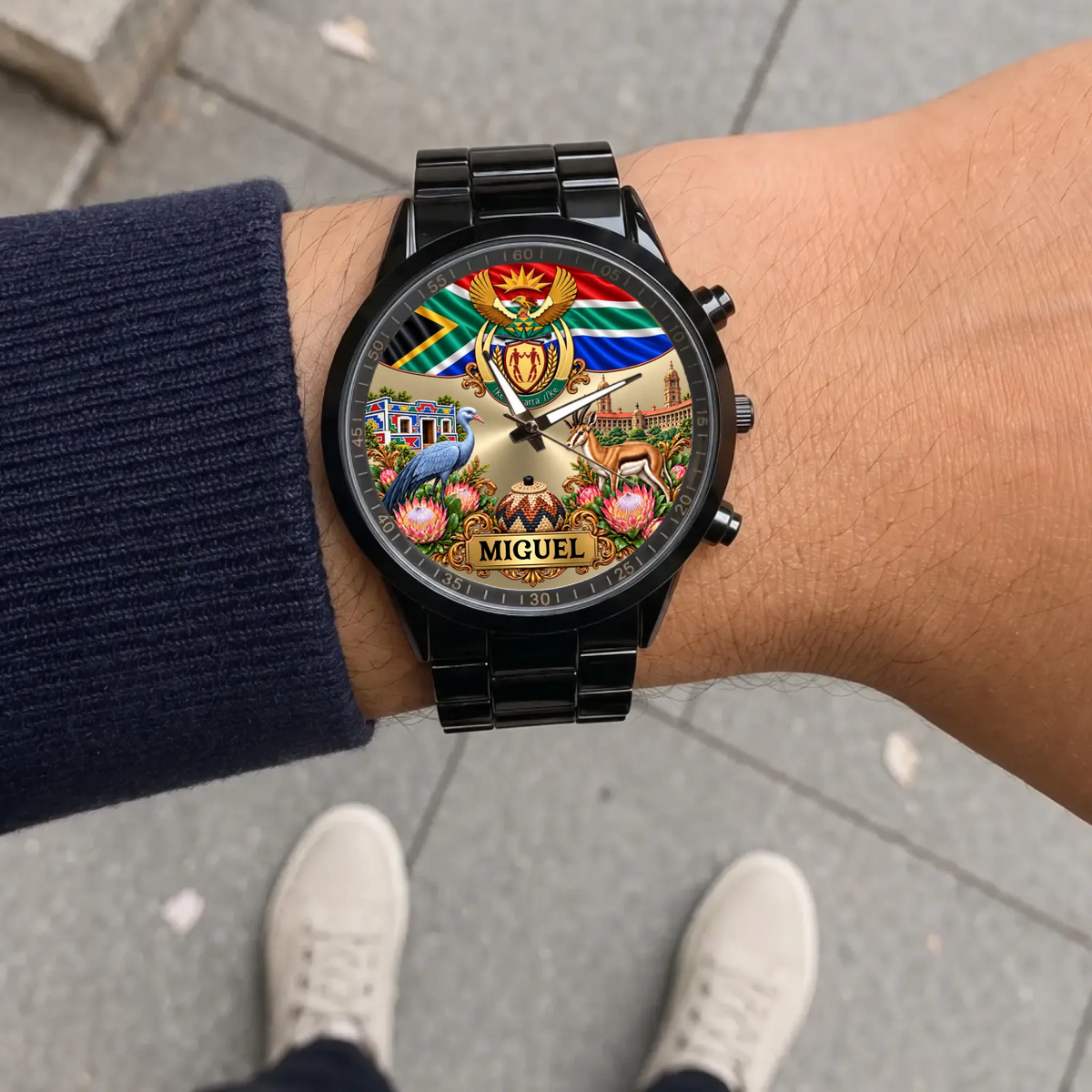 Racing Metal South Africa heritage watch with black bracelet shown on the wrist outdoors