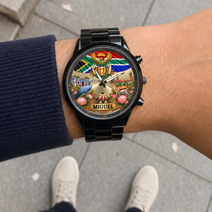 Racing Metal South Africa heritage watch with black bracelet shown on the wrist outdoors