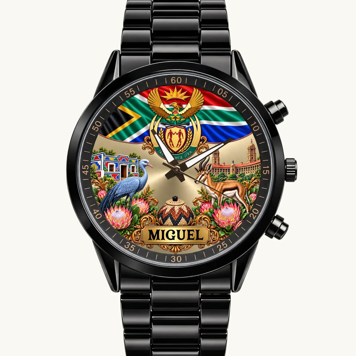Personalized South Africa watch with custom name, flag and coat of arms on a black Racing Metal bracelet