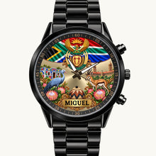 Personalized South Africa watch with custom name, flag and coat of arms on a black Racing Metal bracelet