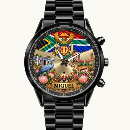Personalized South Africa watch with custom name, flag and coat of arms on a black Racing Metal bracelet