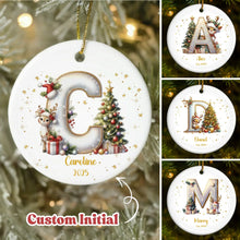 Customized Ceramic Christmas ornament for Family with Reindeer Christmas Tree Initial, Name and Year