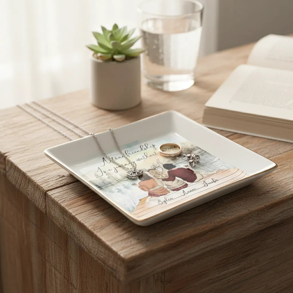 personalized jewelry dish with artistic design on a wooden surface