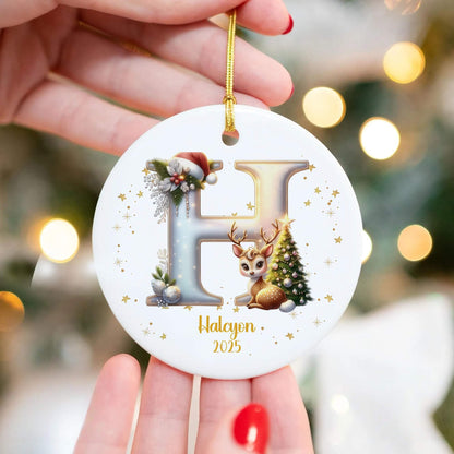 Customized Ceramic Christmas ornament for Family with Reindeer Christmas Tree Initial, Name and Year