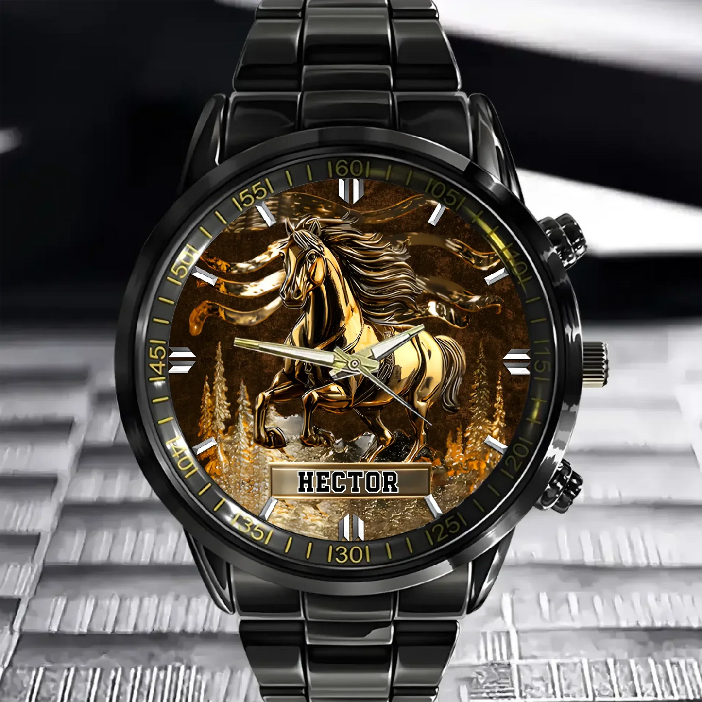 Close up of the customized horse watch displaying the engraved wild stallion dial