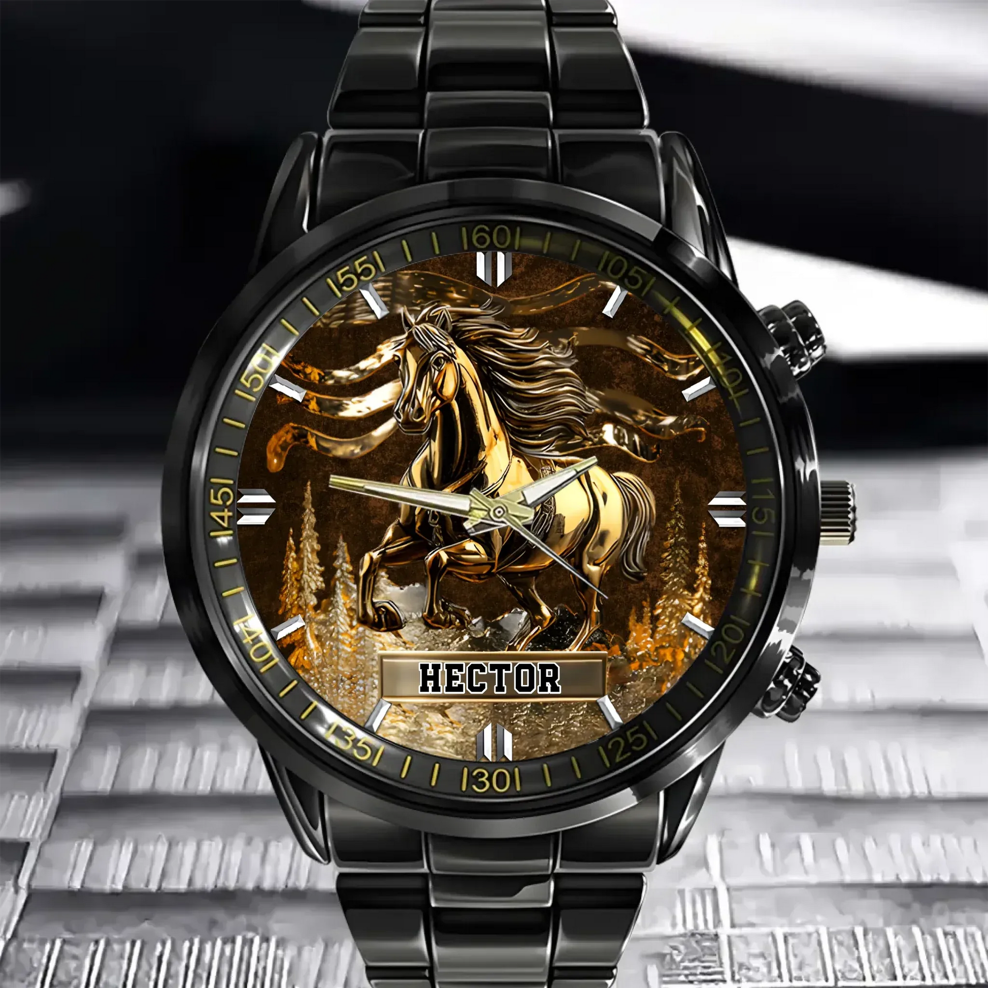 Close up of the customized horse watch displaying the engraved wild stallion dial