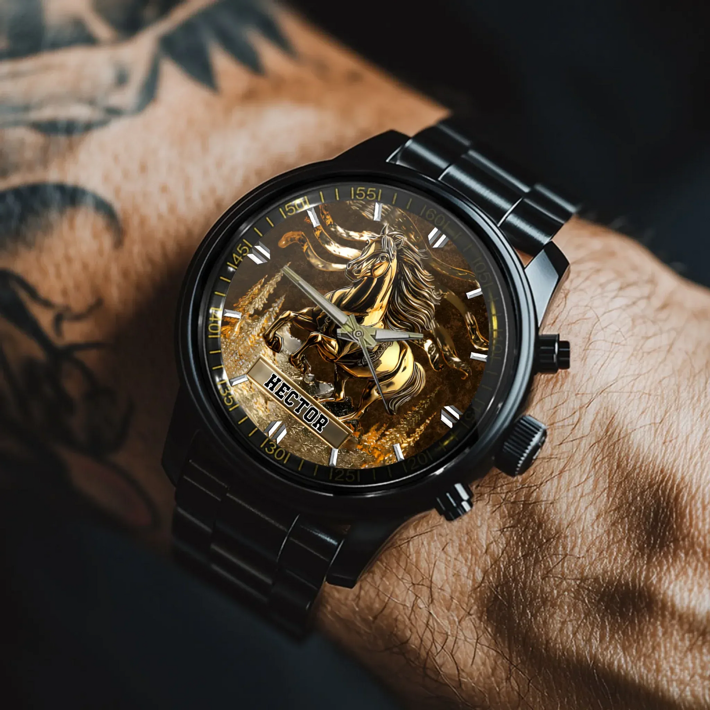 Rider checking the time on their custom metal watch before an evening trail run.