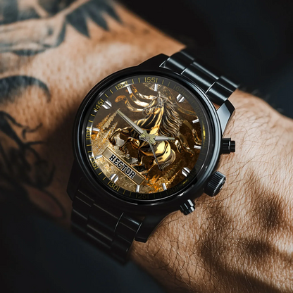 Rider checking the time on their custom metal watch before an evening trail run.