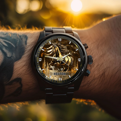 Rider checking the time on their custom metal watch before an evening trail run.