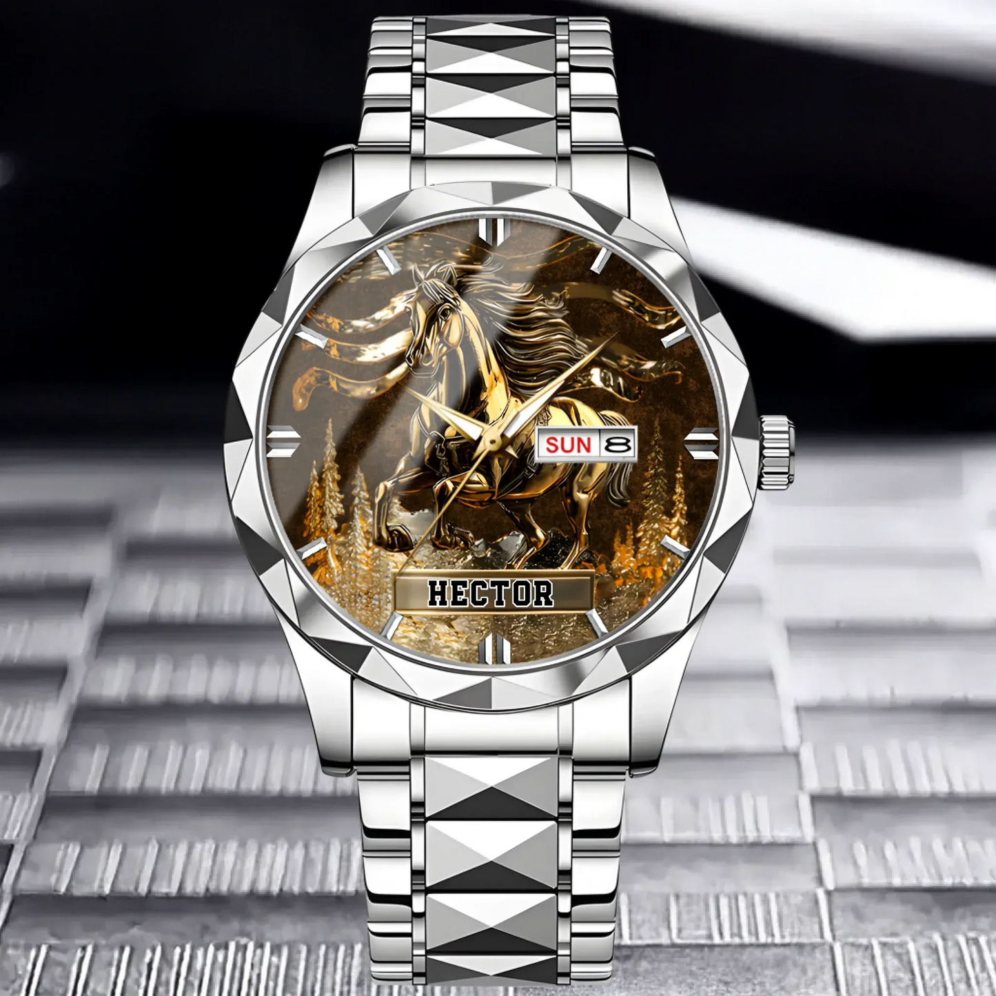 Detail shot showing the anti-scratch glass protecting the custom name on the watch face