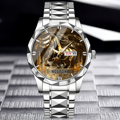 Detail shot showing the anti-scratch glass protecting the custom name on the watch face