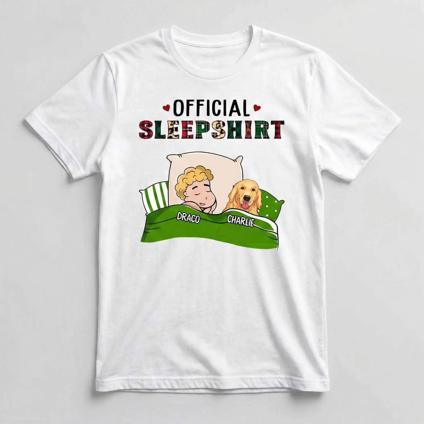White personalized dog shirts, labeled Official Sleepshirt.
