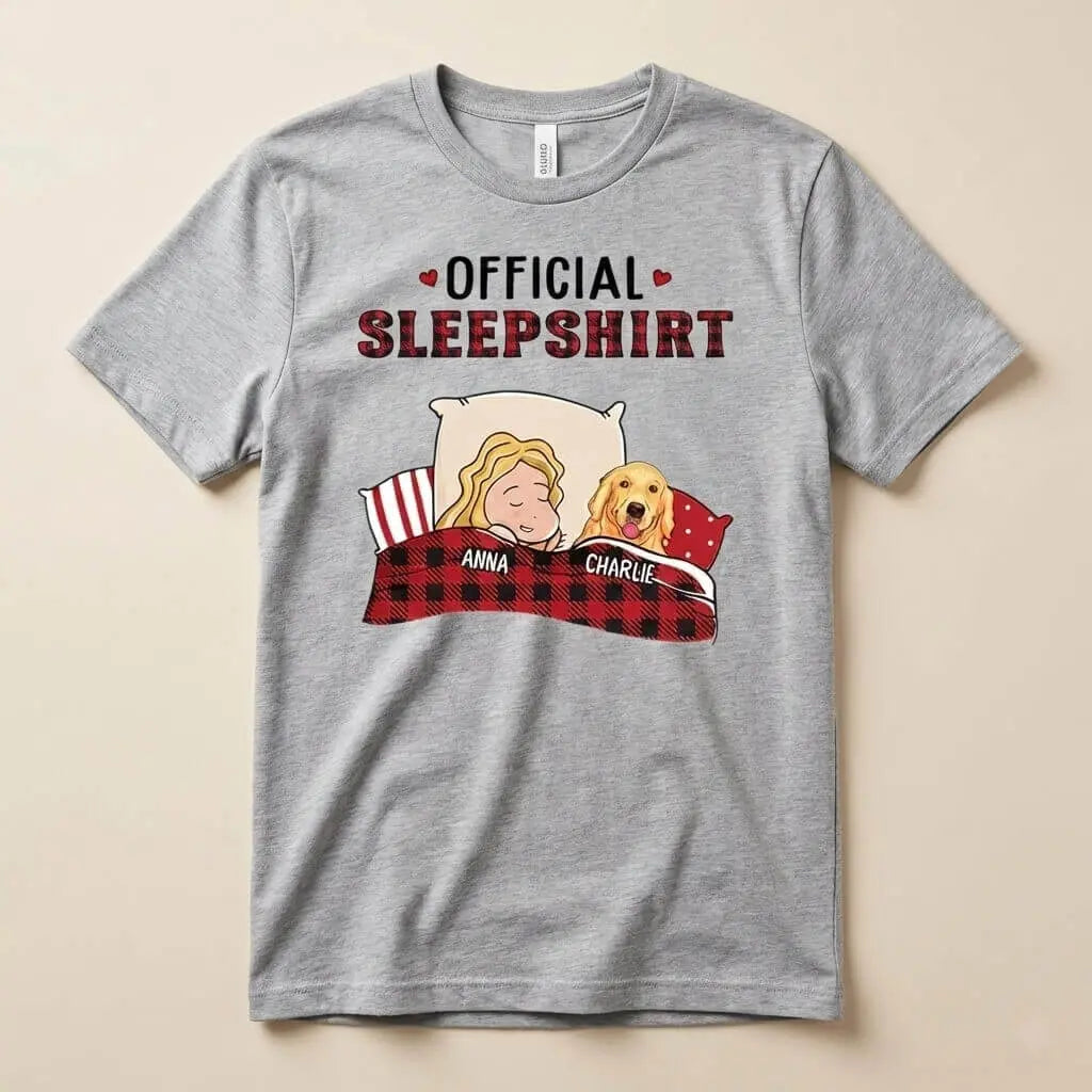 Grey personalized dog shirts, labeled Official Sleepshirt.
