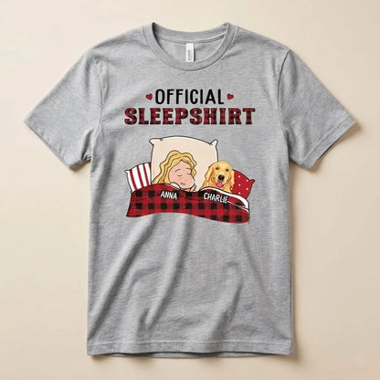 Grey personalized dog shirts, labeled Official Sleepshirt.