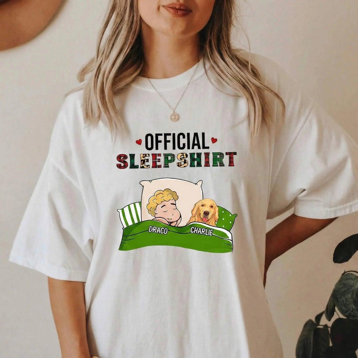 Woman wearing personalized dog shirts and official sleep tee shirt.