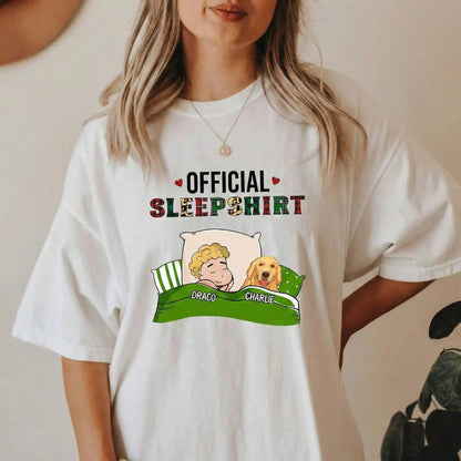 Woman wearing personalized dog shirts and official sleep tee shirt.